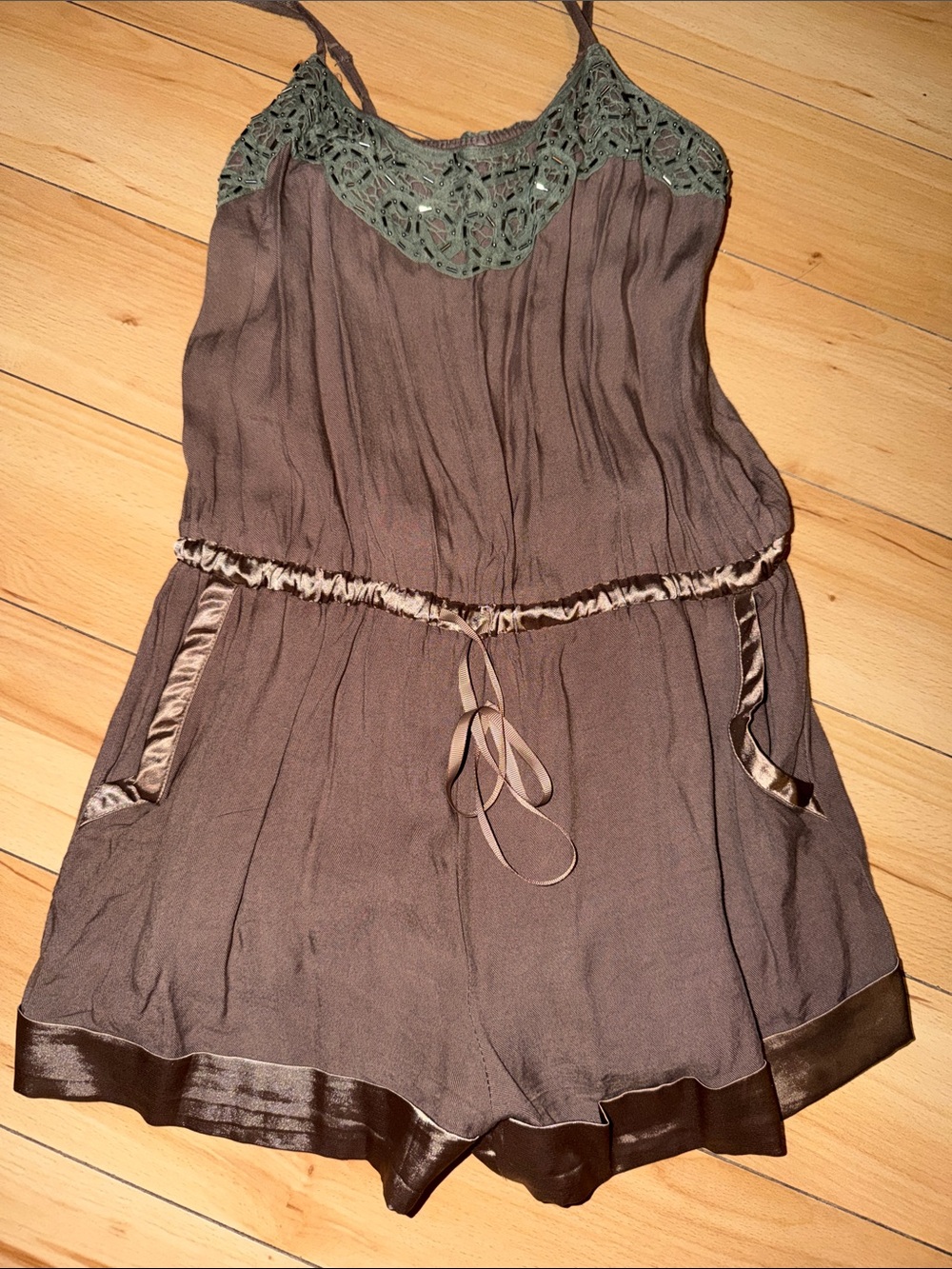 Echo Brown Romper with Green Crochet Yoke
